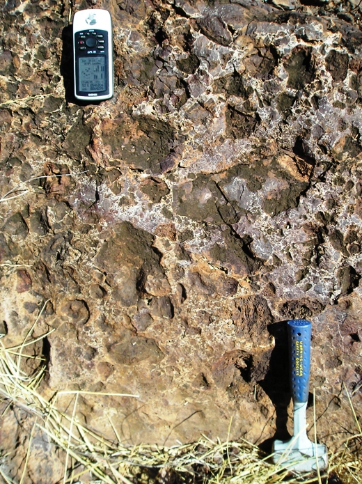 The volcanic breccia (Blackfella Rockhole member) deposited during the later part of the volcanic eruptions. This breccia indicates widespread explosive eruptions towards the end of the LIP volcanism. Photo Lena Z. Evins